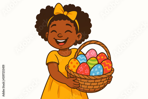 Joyful African American Girl Holding Colorful Easter Egg Basket, Cute Cartoon Character with Curly Hair and Yellow Bow, Happy Child with Decorated Eggs, Spring Holiday Celebration Vector Illustration