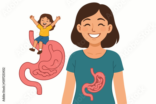 Cheerful Cartoon Woman with Stomach Anatomy Illustration and Happy Child on Digestive Organ, Colorful Vector Graphic for Health Education, Medical Infographics, Gut Health Awareness Campaign