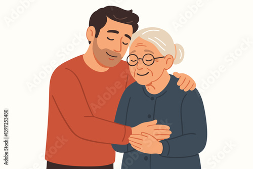 Tender Family Moment Vector Illustration with Adult Son Embracing Elderly Mother with Glasses, Emotional Support and Intergenerational Care, Warm Colored Minimalist Design for Elderly Care Services
