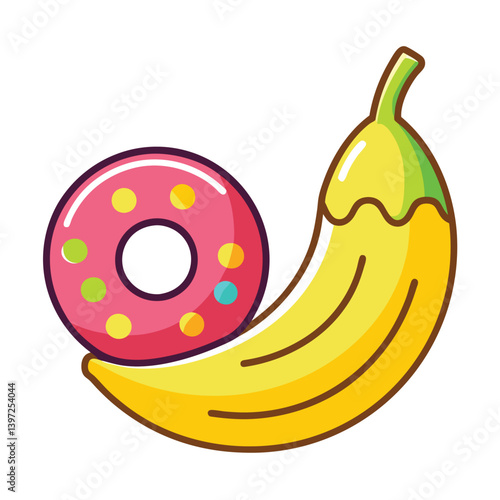 Bright Yellow Banana and Pink Frosted Donut Flat Design