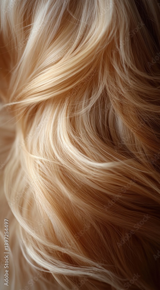Naklejka premium Close-up of Soft, Wavy Blonde Hair with Shiny Strands and Smooth Texture Displaying Natural Beauty and Elegance