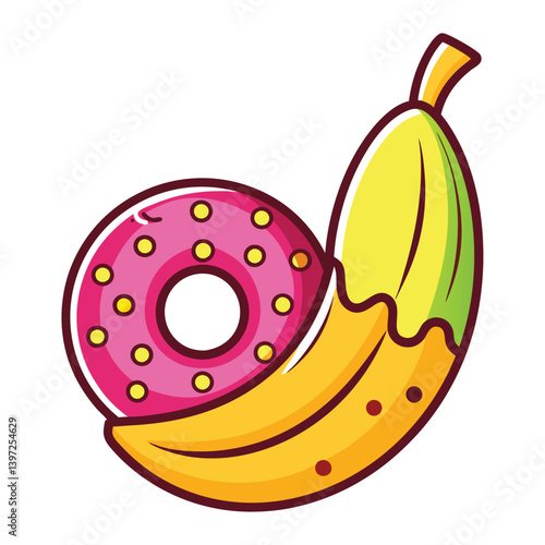 Cute Cartoon Banana with Pink Donut Dessert Illustration