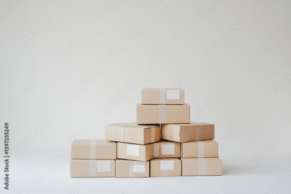 Minimalist stack of cardboard boxes arranged in pyramid formation on white background Minimalist stack of cardboard boxes arranged in pyramid formation on white background