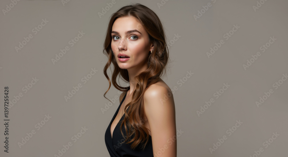 Woman with surprised expression in black dress against beige background. Elegant portrait concept for beauty advertising and fashion campaigns Woman with surprised expression in black dress against beige background. Elegant portrait concept for beauty advertising and fashion campaigns