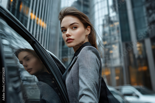 A businesswoman in formal attire stands outside her luxury car, showcasing the elegance of corporate fashion with sleek trousers and a blazer against an urban backdrop of skyscrapers.