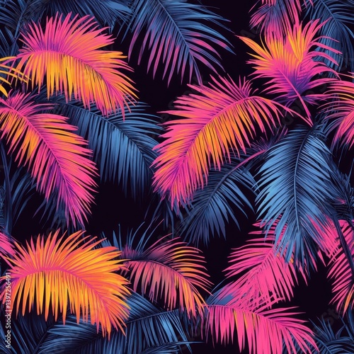 Tropical neon palm leaves pattern with vibrant colors and abstract coconut trees