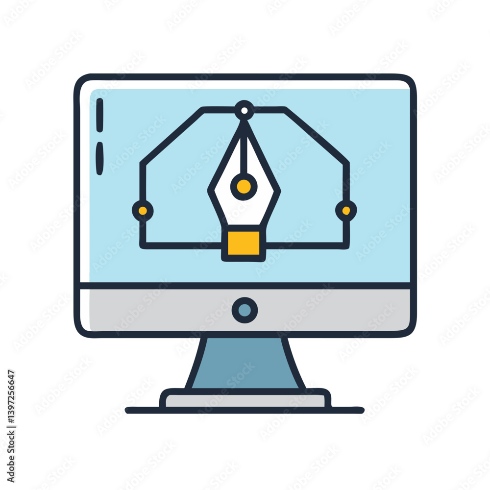 Monitor Displaying Vector Pen Tool Editing Icon Design Monitor Displaying Vector Pen Tool Editing Icon Design