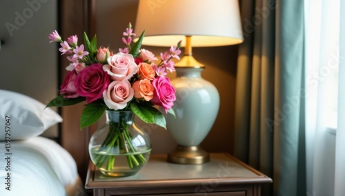 Wallpaper Mural Stylish floral arrangement in an ornate glass bottle on a sleek nightstand, elegance, flowers Torontodigital.ca