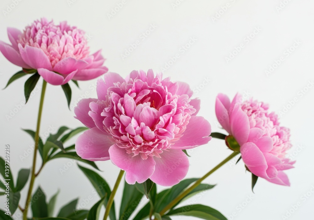 Three pink peony flowers with green leaves against a plain white background showcasing elegance Three pink peony flowers with green leaves against a plain white background showcasing elegance