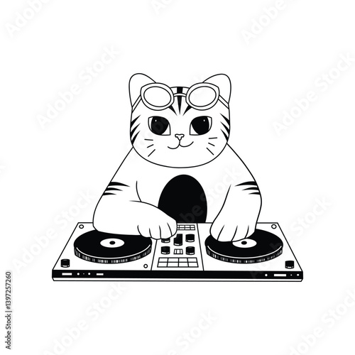 cat glasses dj set lineart doodle vector