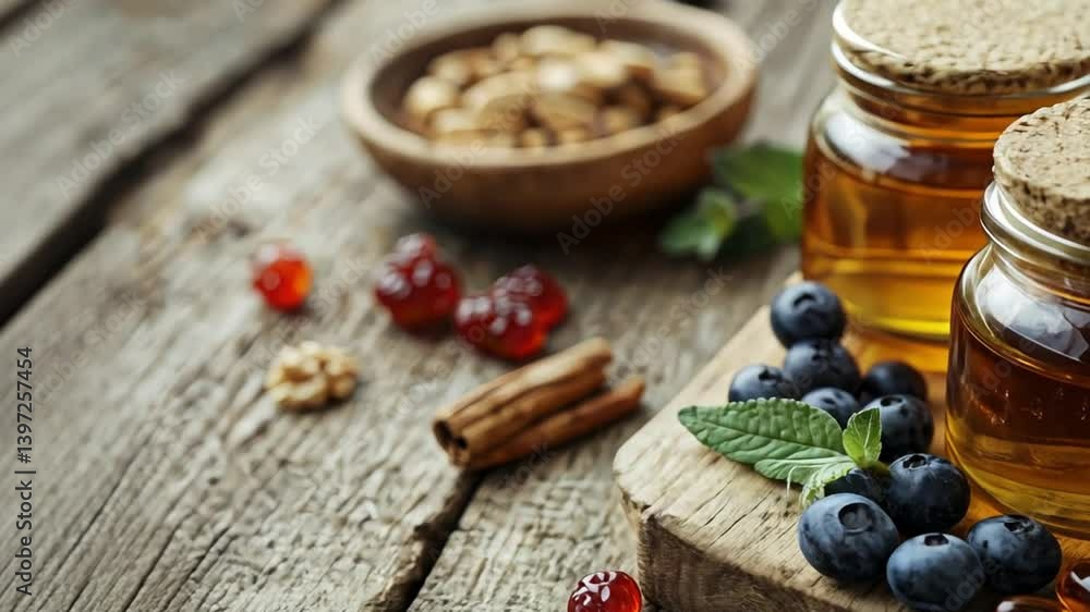 Healthy Lifestyle Honey, Blueberries, and Supplements on Rustic Wood Healthy Lifestyle Honey, Blueberries, and Supplements on Rustic Wood