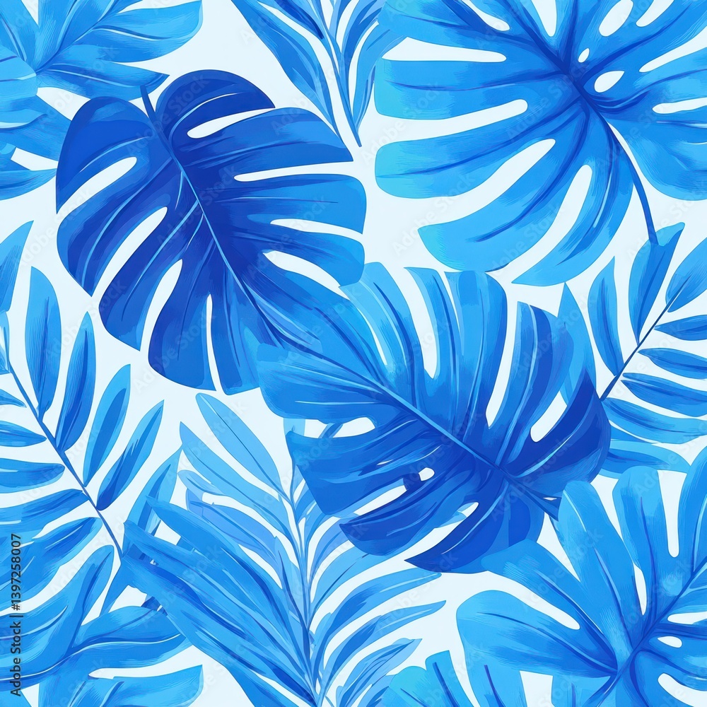 Seamless Tropical Leaves Pattern in Vibrant Blue with Striped Background Seamless Tropical Leaves Pattern in Vibrant Blue with Striped Background