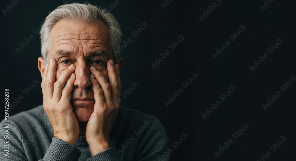 Senior man with hands covering face against dark background. Emotional distress and mental health concept for elderly depression awareness campaigns Senior man with hands covering face against dark background. Emotional distress and mental health concept for elderly depression awareness campaigns