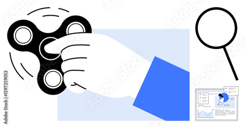 Hand spinning fidget spinner, magnifying glass, analytics dashboard with charts. Ideal for focus, productivity, relaxation, research, analysis, stress management simple landing page