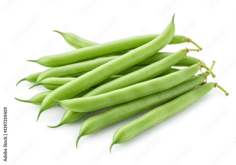 A bundle of fresh green beans stacked neatly on a clean white surface showing vibrant green color A bundle of fresh green beans stacked neatly on a clean white surface showing vibrant green color