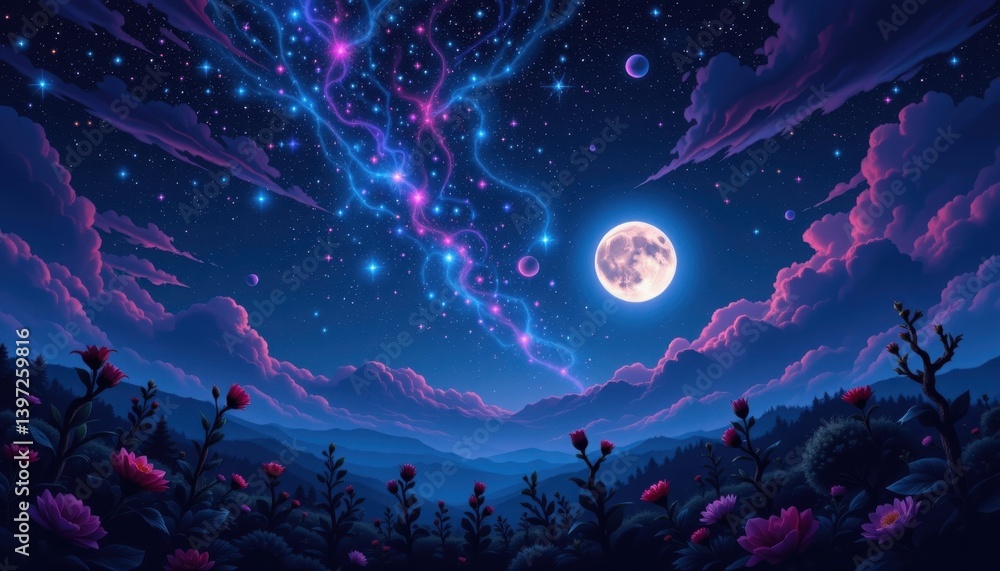 Magical Night Sky A dreamy landscape at night with vibrant stars, a glowing moon, and unique plants silhouetted below. Magical Night Sky A dreamy landscape at night with vibrant stars, a glowing moon, and unique plants silhouetted below.