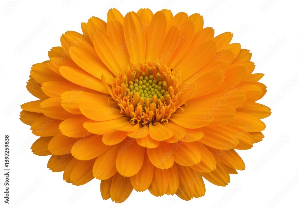 Vibrant orange marigold in full bloom isolated on white background with visible floral details Vibrant orange marigold in full bloom isolated on white background with visible floral details
