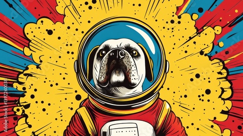 Pug in a spacesuit with vibrant cosmic background showcases imaginative pet artistry inspired by space exploration and adventure