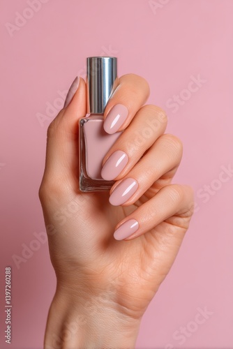 Elegant hand holding a bottle of soft pink nail polish against a pastel pink background showcasing beauty and style