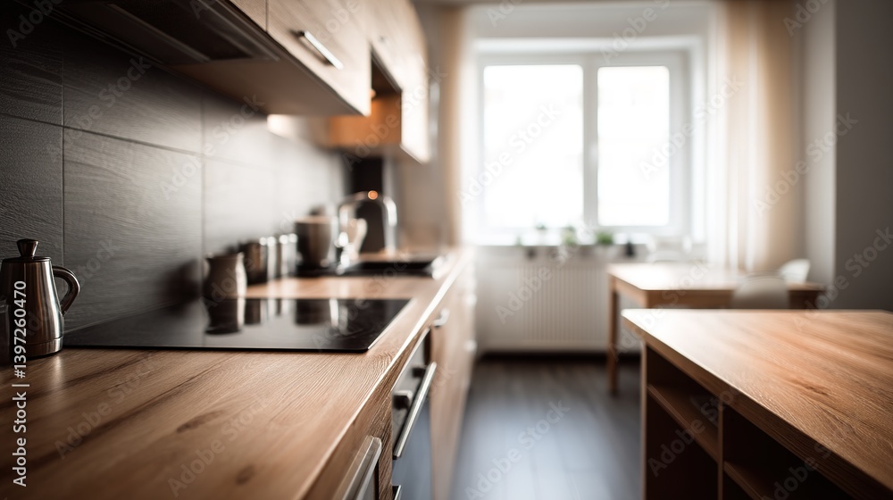 Contemporary kitchen design with sleek wooden elements and clean silhouettes, illuminated by natural light highlighting architectural simplicity and soft focus backdrop. Contemporary kitchen design with sleek wooden elements and clean silhouettes, illuminated by natural light highlighting architectural simplicity and soft focus backdrop.