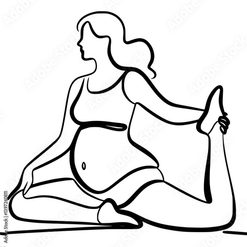 Pregnant woman stretching in yoga pose on a minimalist background , single line vector drawing 