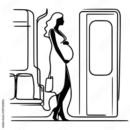 Pregnant woman waiting in subway with handbag in a minimalist style , single line vector drawing 