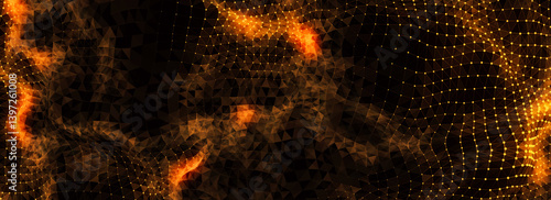 Dark cyberspace in digital background. Abstract technology wave with motion glowing dots and lines with top view. Connection big data. Futuristic wireframe texture. 3D rendering.