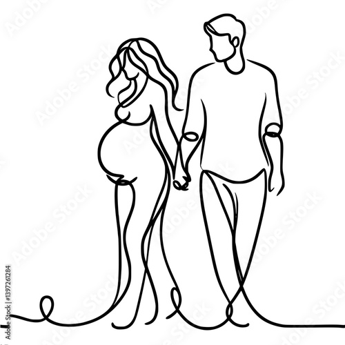 Expecting couple holding hands in minimalist line art , single line vector drawing 