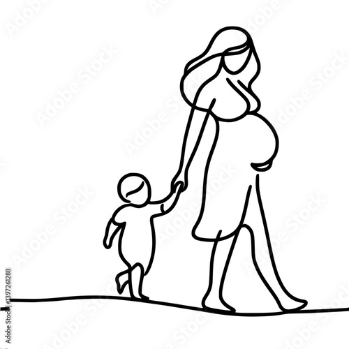 Pregnant woman walking with child in a joyful line drawing  