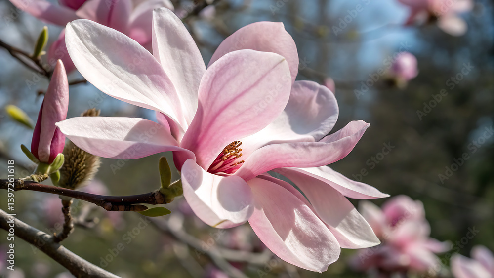 twig with blooming pink magnolia flowers close up over blue background, beautiful pink magnolia flowers blooming in the garden
twig with blooming pink magnolia flowers close up over blue background, beautiful pink magnolia flowers blooming in the garden