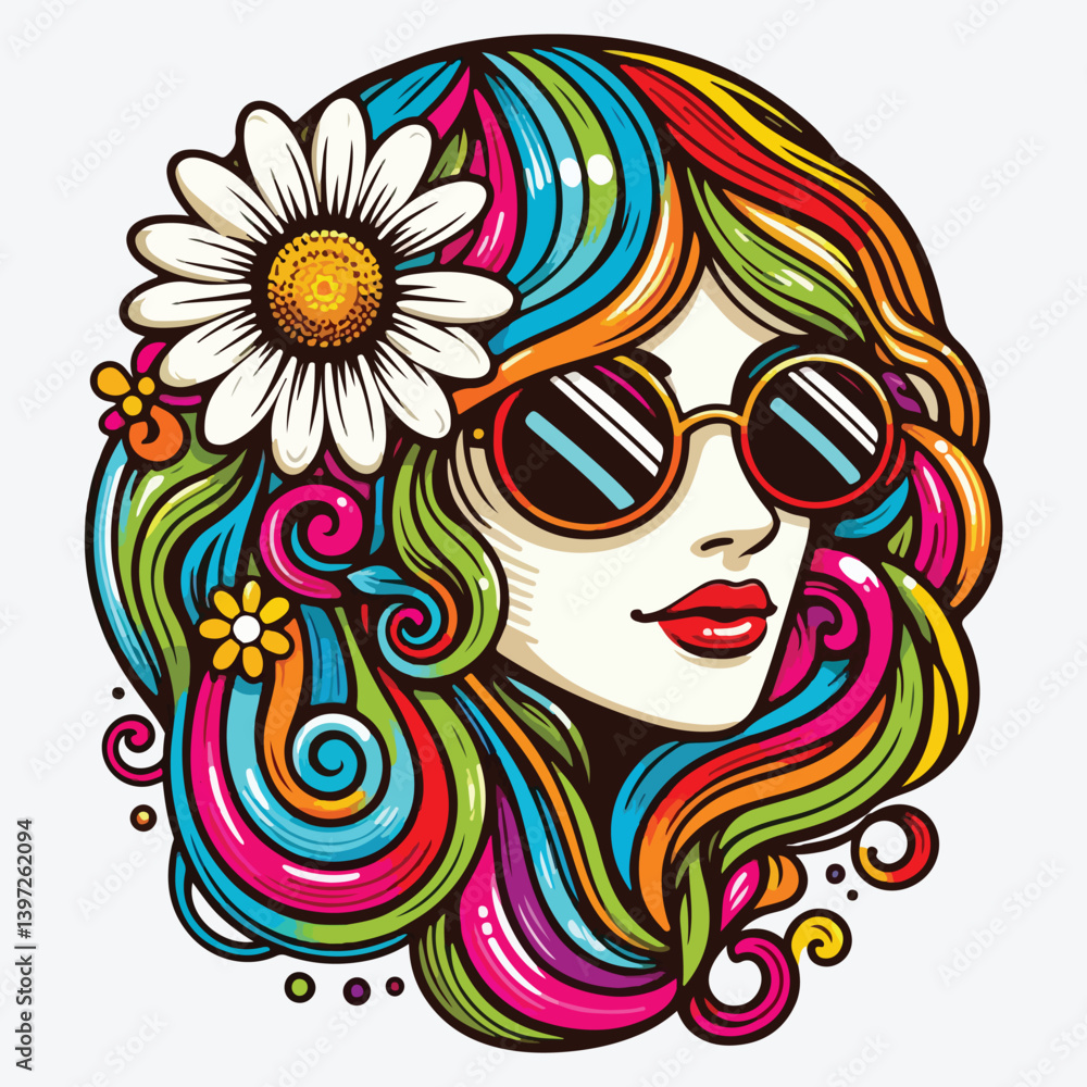 Retro groovy hippie girl face with sunglasses, daisy flower and rainbow hair Retro groovy hippie girl face with sunglasses, daisy flower and rainbow hair
