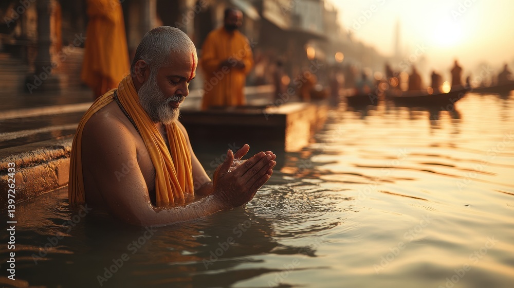 Spiritual reflection during sunrise at the riverbank with practitioners engaging in ritual bathing in Varanasi Spiritual reflection during sunrise at the riverbank with practitioners engaging in ritual bathing in Varanasi
