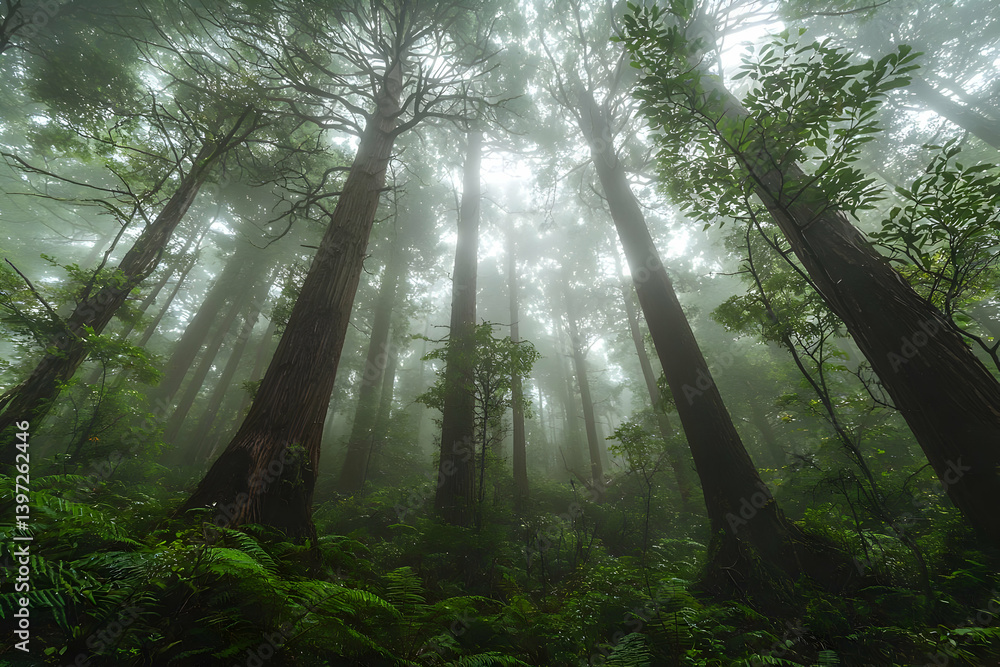 Misty Forest: Tall Trees Enveloped in Fog, Lush Greenery Below, Sunlight Filtering Through Canopy Misty Forest: Tall Trees Enveloped in Fog, Lush Greenery Below, Sunlight Filtering Through Canopy