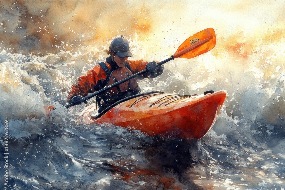 Fototapeta premium Kayaking Adventure through Dynamic Rapids and Sunlit Water