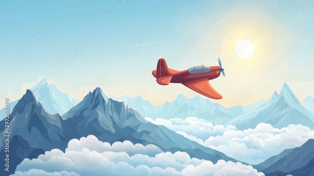 Fototapeta premium A vintage red airplane soars above majestic snow-capped mountains.