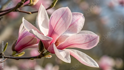 twig with blooming pink magnolia flowers close up over blue background, beautiful pink magnolia flowers blooming in the garden
