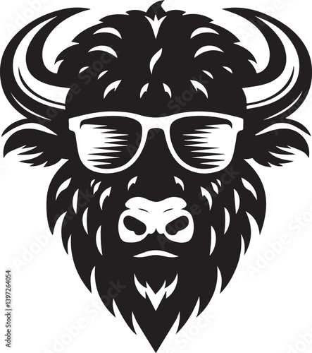 bull head with sunglass vector illustration, bull head with sunglass silhouette vector black and white