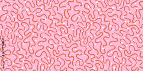 Continuous doodle organic line and uneven dots seamless repeat vector pattern. Fluid, funky chaotic ornament, trendy groovy endless pink red white background. Winding wriggling hand drawn wavy line.