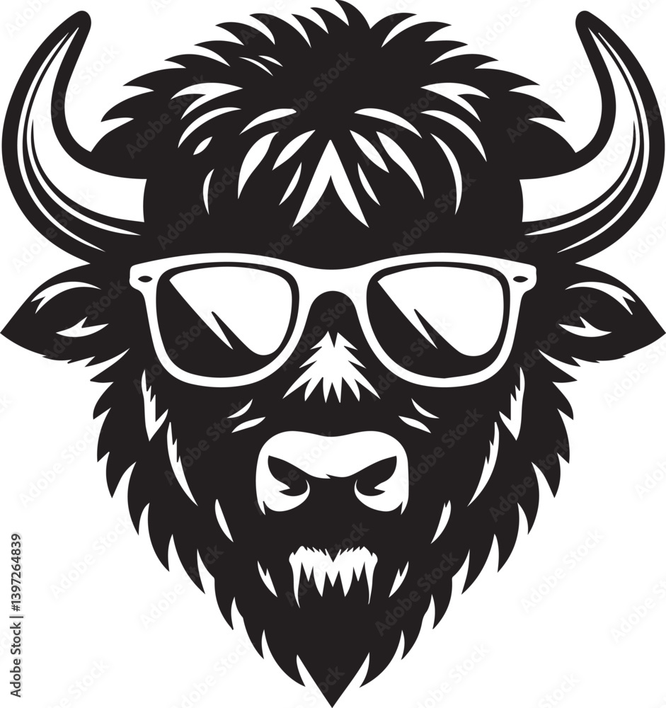 Fototapeta premium bull head with sunglass vector illustration, bull head with sunglass silhouette vector black and white