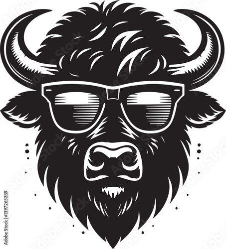 bull head with sunglass vector illustration, bull head with sunglass silhouette vector black and white