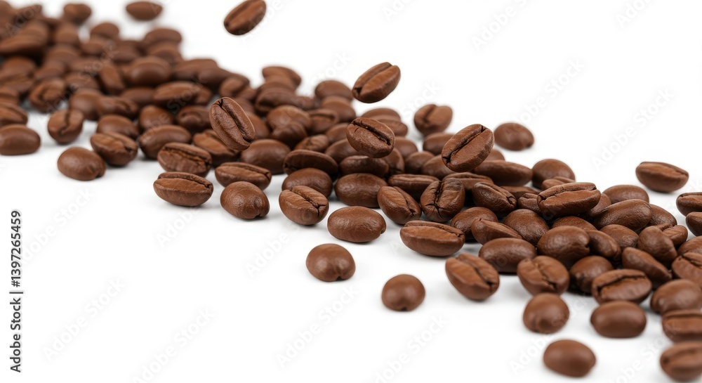 A scattering of roasted coffee beans on white background showcasing rich brown color and texture A scattering of roasted coffee beans on white background showcasing rich brown color and texture