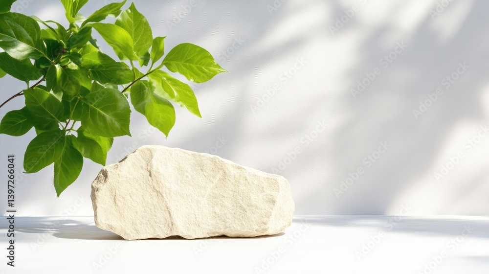 A large smooth stone resting on a white surface with green leaves casting shadows, minimalist composition with natural light, and serene and tranquil setting. A large smooth stone resting on a white surface with green leaves casting shadows, minimalist composition with natural light, and serene and tranquil setting.