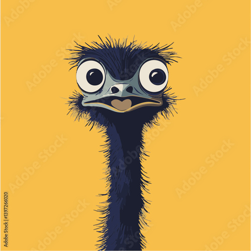 Funny Emu Bird Cartoon on Yellow Background