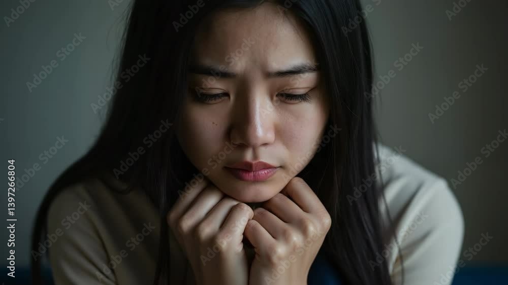 Young woman with a calm sadness expression looking down in a softly lit indoor setting
Young woman with a calm sadness expression looking down in a softly lit indoor setting