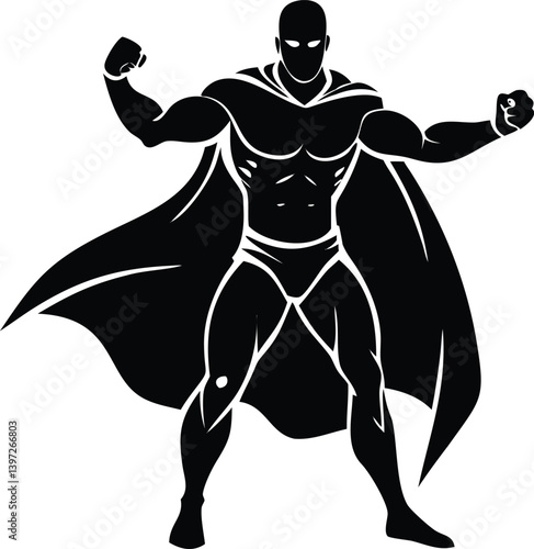 Wallpaper Mural Black and White Superhero Vector Illustration, Muscular Male Hero with Cape in Action Pose Torontodigital.ca
