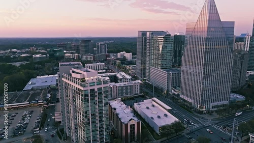 Aerial cityscape of Atlanta’s Buckhead office building area surrounded by residential and commerical skyscrapers