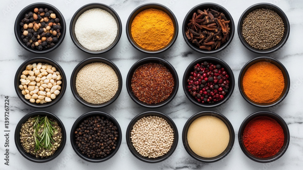 Colorful Array of Spices in Bowls on Marble Background for Culinary Inspiration and Recipe Development Colorful Array of Spices in Bowls on Marble Background for Culinary Inspiration and Recipe Development