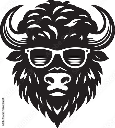 bull head with sunglass vector illustration, bull head with sunglass silhouette vector black and white