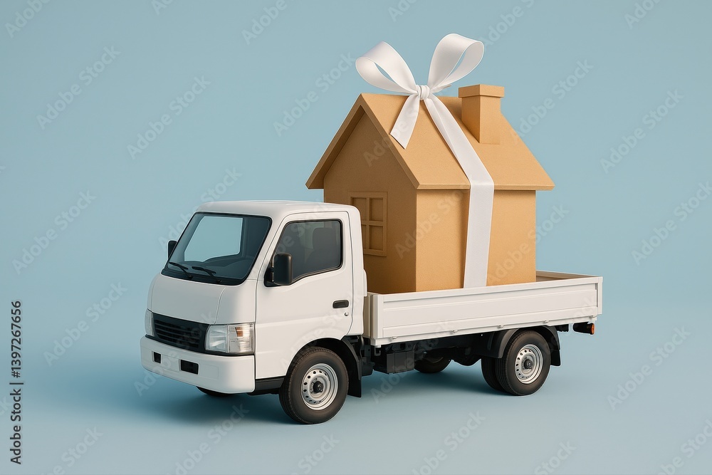 Gifted House Ready For Delivery by White Truck, a Conceptual Image for New Home Ownership and Real Estate Investment Gifted House Ready For Delivery by White Truck, a Conceptual Image for New Home Ownership and Real Estate Investment