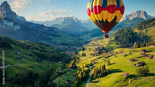 Colorful Hot Air Balloon Over Swiss Alps